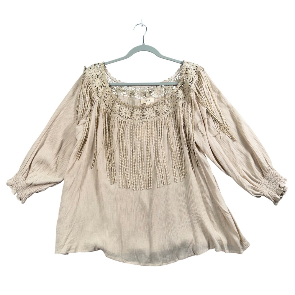 KyeMi Peasant Top Women L Beige Crochet Lace Fringe Boho Blouse New